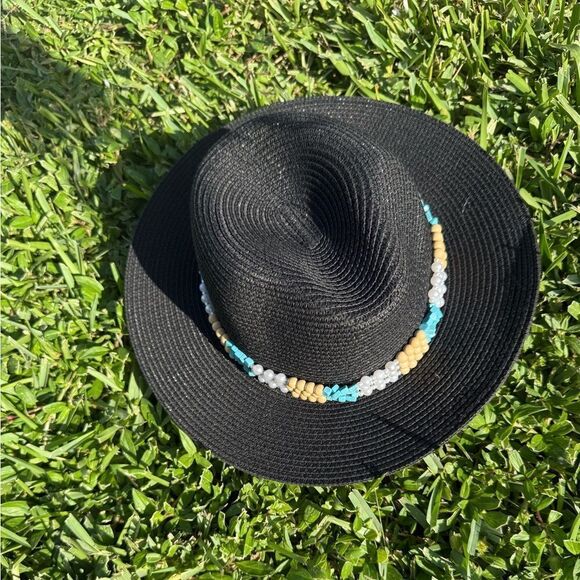 Black Hat BRAND NEW Hand Beaded Trim Band - Blue and Tan Beads